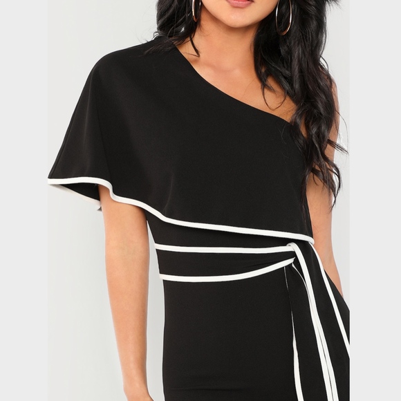 Contrast Tie Belt Flounce One Shoulder Dress - Picture 5 of 8